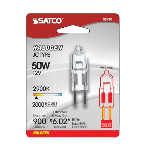 Satco - 50 Watt; Halogen; T4; Clear; 2000 Average rated hours; 900 Lumens; Bi Pin GY6.35 base; 12 Volt; Carded