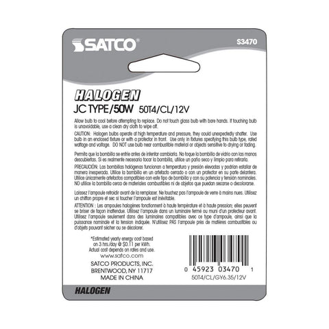 Satco - 50 Watt; Halogen; T4; Clear; 2000 Average rated hours; 900 Lumens; Bi Pin GY6.35 base; 12 Volt; Carded