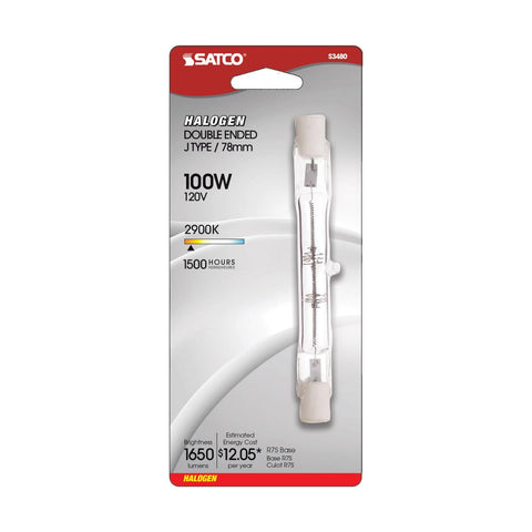 Satco - 100 Watt; Halogen; T3; Clear; 1500 Average rated hours; 1650 Lumens; Double Ended base; 78mm; 120 Volt; Carded