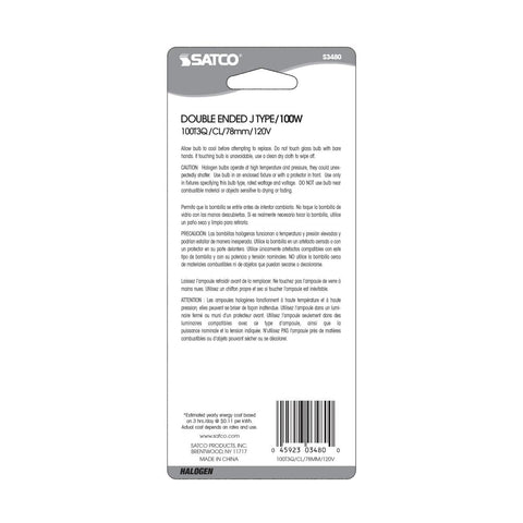 Satco - 100 Watt; Halogen; T3; Clear; 1500 Average rated hours; 1650 Lumens; Double Ended base; 78mm; 120 Volt; Carded