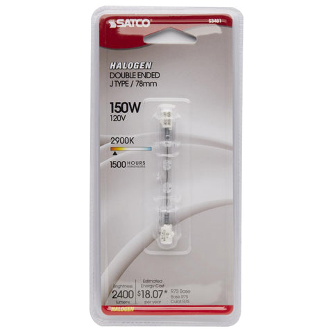 Satco - 150 Watt; Halogen; T3; Clear; 1500 Average rated hours; 2400 Lumens; Double Ended base; 78mm; 120 Volt; Carded