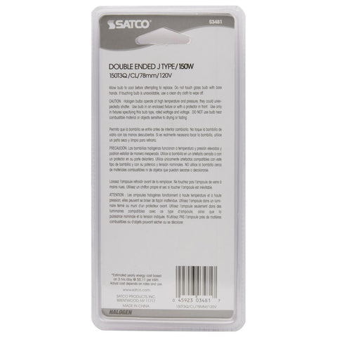 Satco - 150 Watt; Halogen; T3; Clear; 1500 Average rated hours; 2400 Lumens; Double Ended base; 78mm; 120 Volt; Carded