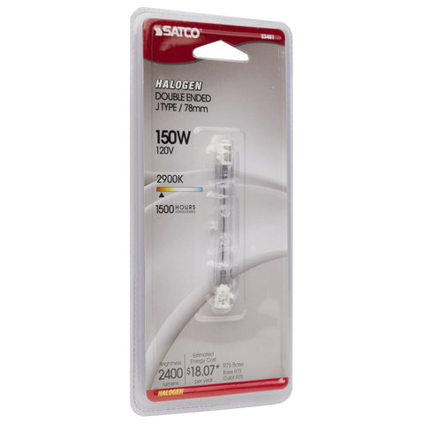 Satco - 150 Watt; Halogen; T3; Clear; 1500 Average rated hours; 2400 Lumens; Double Ended base; 78mm; 120 Volt; Carded