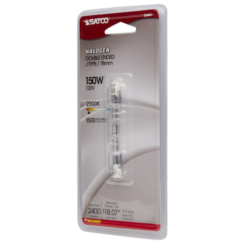 Satco - 150 Watt; Halogen; T3; Clear; 1500 Average rated hours; 2400 Lumens; Double Ended base; 78mm; 120 Volt; Carded