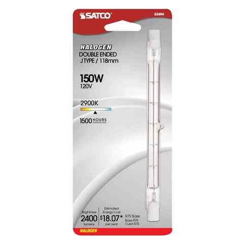 Satco - 150 Watt; Halogen; T3; Clear; 1500 Average rated hours; 2400 Lumens; Double Ended base; 118mm; 120 Volt; Carded