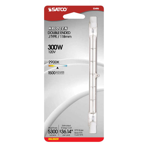 Satco - 300 Watt; Halogen; T3; Clear; 1500 Average rated hours; 5300 Lumens; Double Ended base; 120 Volt; Carded