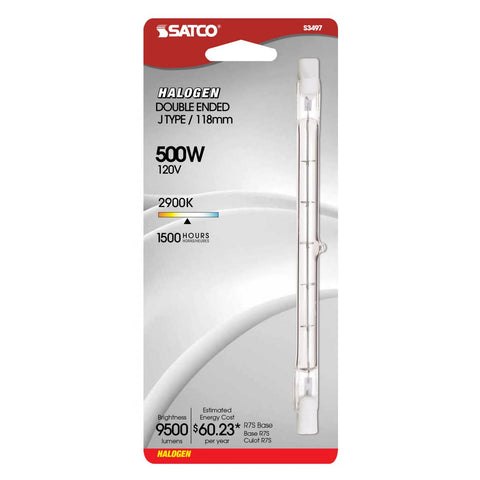 Satco - 500 Watt; Halogen; T3; Clear; 1500 Average rated hours; 9500 Lumens; Double Ended base; 120 Volt; Carded