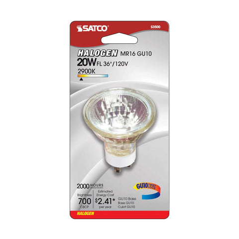 Satco - 20 Watt; Halogen; MR16; 2000 Average rated hours; 120 Lumens; GU10 base; 120 Volt; Carded