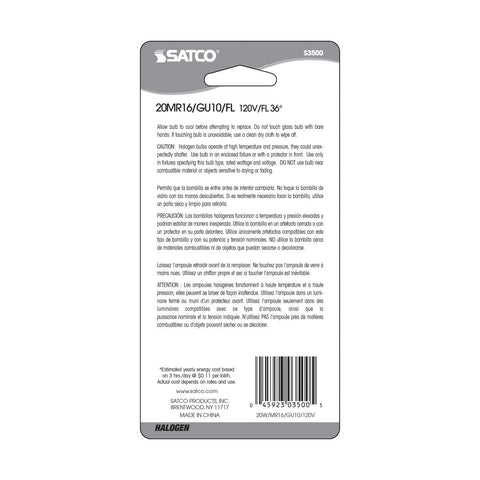 Satco - 20 Watt; Halogen; MR16; 2000 Average rated hours; 120 Lumens; GU10 base; 120 Volt; Carded