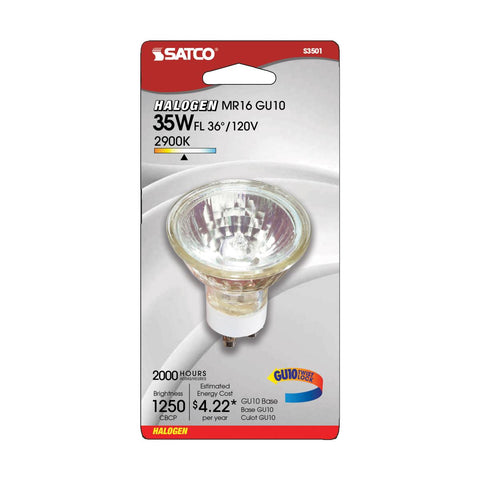Satco - 35 Watt; Halogen; MR16; 2000 Average rated hours; 290 Lumens; GU10 base; 120 Volt; Carded