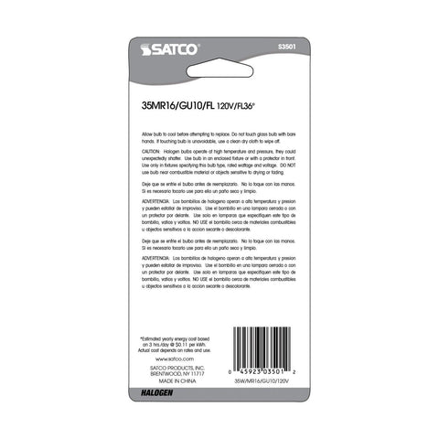 Satco - 35 Watt; Halogen; MR16; 2000 Average rated hours; 290 Lumens; GU10 base; 120 Volt; Carded