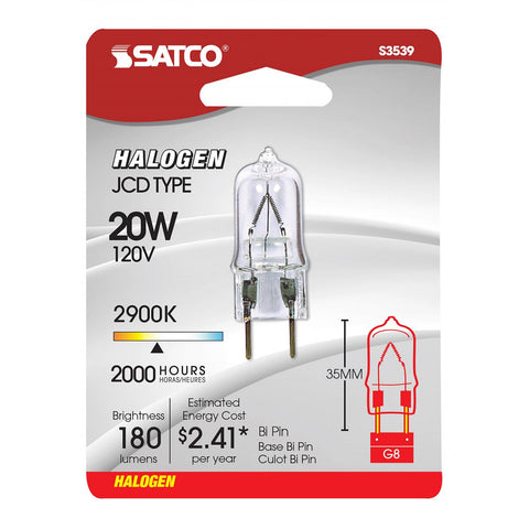 Satco - 20 Watt; Halogen; T4; Clear; 2000 Average rated hours; 180 Lumens; Bi Pin G8 base; 120 Volt; Carded