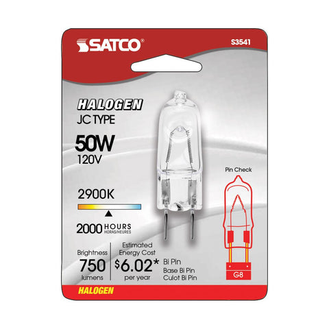 Satco - 50 Watt; Halogen; T4; Clear; 2000 Average rated hours; 750 Lumens; Bi Pin G8 base; 120 Volt; Carded