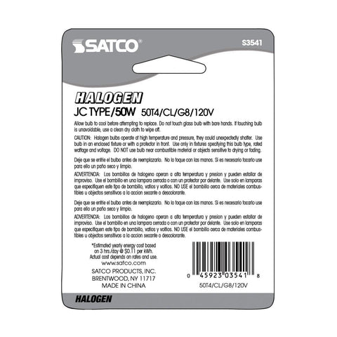 Satco - 50 Watt; Halogen; T4; Clear; 2000 Average rated hours; 750 Lumens; Bi Pin G8 base; 120 Volt; Carded