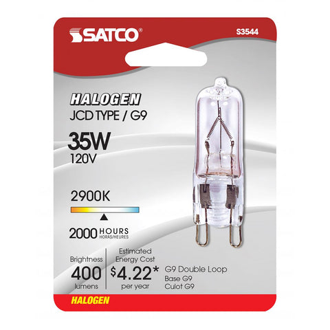 Satco - 35 Watt; Halogen; T4; Clear; 2000 Average rated hours; 400 Lumens; Double Loop base; 120 Volt; Carded