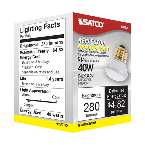 Satco - 40 Watt R14 Stubby Incandescent; Clear; 1500 Average rated hours; 280 Lumens; Medium base; 120 Volt