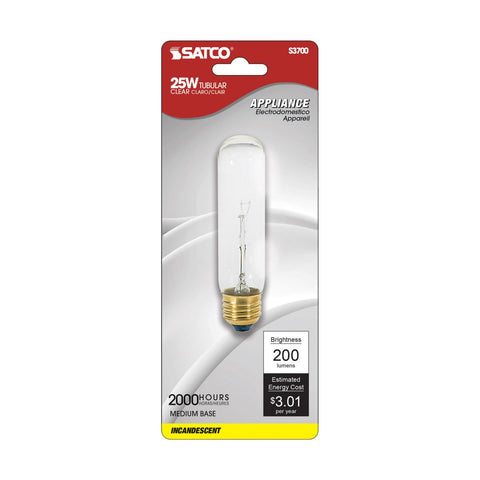 Satco - 25 Watt T10 Incandescent; Clear; 2000 Average rated hours; 200 Lumens; Medium base; 120 Volt; Carded