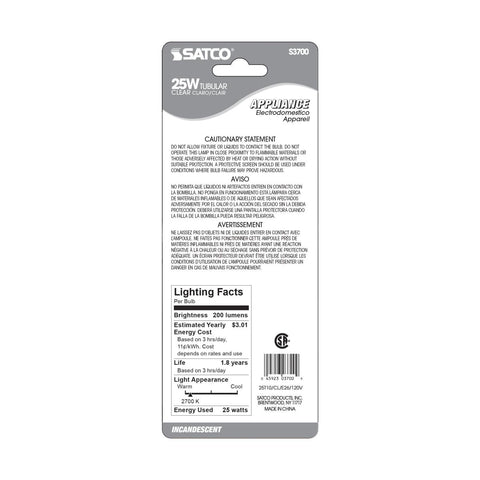 Satco - 25 Watt T10 Incandescent; Clear; 2000 Average rated hours; 200 Lumens; Medium base; 120 Volt; Carded
