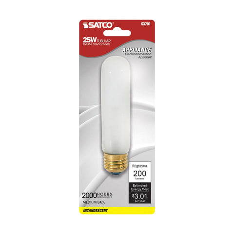 Satco - 25 Watt T10 Incandescent; Frost; 2000 Average rated hours; 200 Lumens; Medium base; 120 Volt; Carded