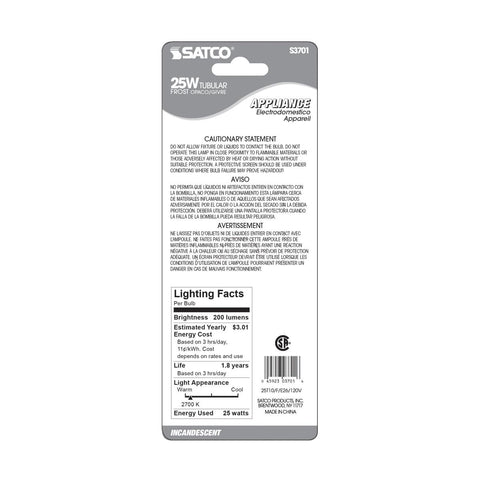 Satco - 25 Watt T10 Incandescent; Frost; 2000 Average rated hours; 200 Lumens; Medium base; 120 Volt; Carded