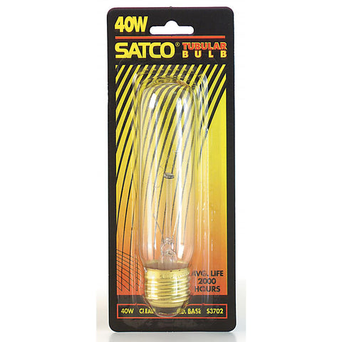 Satco - 40 Watt T10 Incandescent; Clear; 2000 Average rated hours; 280 Lumens; Medium base; 120 Volt; Carded