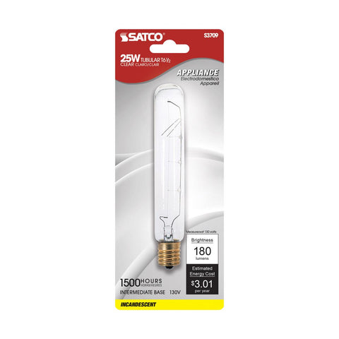 Satco - 25 Watt T6 1/2 Incandescent; Clear; 1500 Average rated hours; 180 Lumens; Intermediate base; 130 Volt; Carded