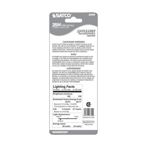 Satco - 25 Watt T6 1/2 Incandescent; Clear; 1500 Average rated hours; 180 Lumens; Intermediate base; 130 Volt; Carded