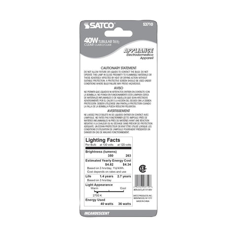 Satco - 40 Watt T6 1/2 Incandescent; Clear; 1500 Average rated hours; 350 Lumens; Intermediate base; 130 Volt; Carded