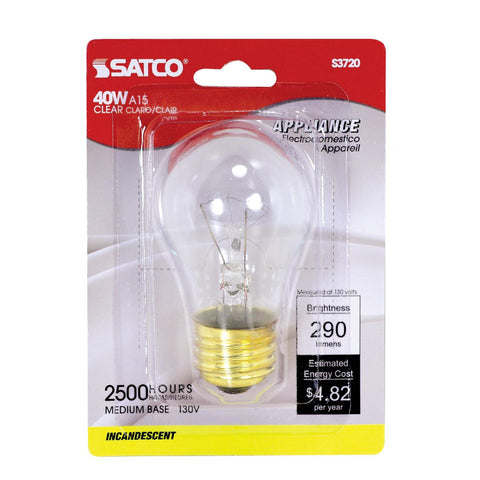 Satco - 40 Watt A15 Incandescent; Clear; Appliance Lamp; 2500 Average rated hours; 300/225 Lumens; Medium base; 130/120 Volt; Carded