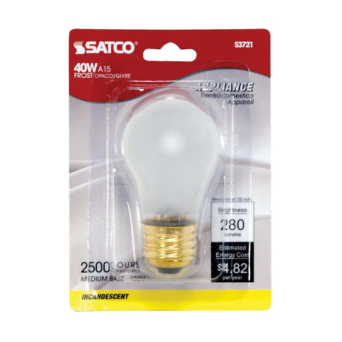 Satco - 40 Watt A15 Incandescent; Frost; Appliance Lamp; 2500 Average rated hours; 290/217 Lumens; Medium base; 130/120 Volt; Carded