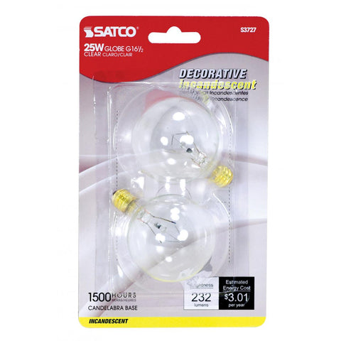 Satco - 25 Watt G16 1/2 Incandescent; Clear; 1500 Average rated hours; 232 Lumens; Candelabra base; 120 Volt; 2-Card