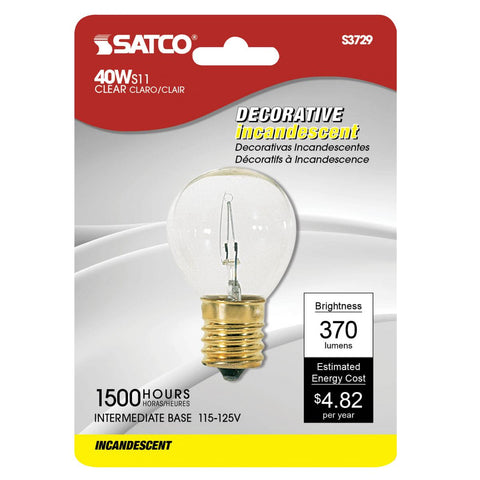 Satco - 40 Watt S11N Incandescent; Clear; 1500 Average rated hours; 370 Lumens; Intermediate base; 120 Volt; Carded