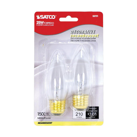Satco - 25 Watt B11 Incandescent; Clear; 1500 Average rated hours; 210 Lumens; Medium base; 120 Volt; 2-Card