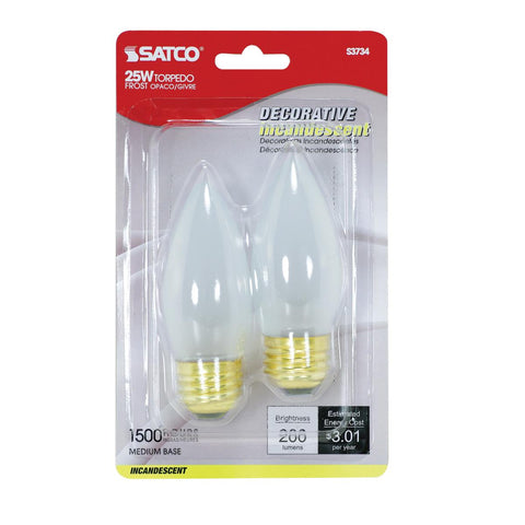 Satco - 25 Watt B11 Incandescent; Frost; 1500 Average rated hours; 200 Lumens; Medium base; 120 Volt; 2-Card