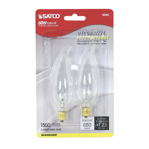 Satco - 60 Watt CA10 Incandescent; Clear; 1500 Average rated hours; 650 Lumens; Candelabra base; 120 Volt; 2-Card