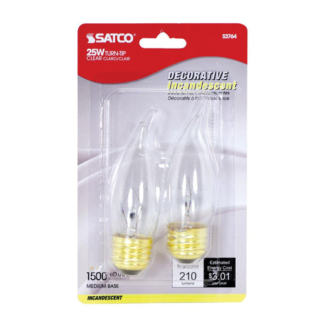 Satco - 25 Watt CA10 Incandescent; Clear; 1500 Average rated hours; 210 Lumens; Medium base; 120 Volt; 2-Card