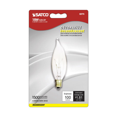 Satco - 15 Watt CA8 Incandescent; Clear; 1500 Average rated hours; 100 Lumens; Candelabra base; 120 Volt; 2-Card