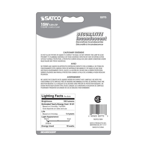 Satco - 15 Watt CA8 Incandescent; Clear; 1500 Average rated hours; 100 Lumens; Candelabra base; 120 Volt; 2-Card