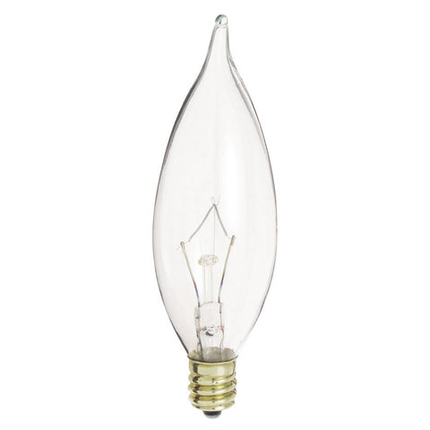 Satco - 40 Watt CA9 1/2 Incandescent; Clear; 1500 Average rated hours; 370 Lumens; Candelabra base; 120 Volt; 2-Card