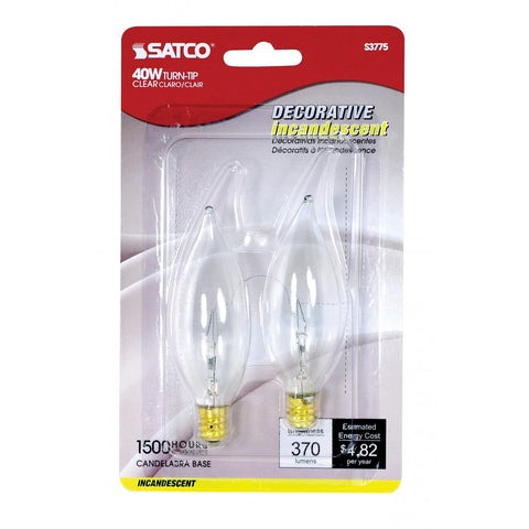 Satco - 40 Watt CA9 1/2 Incandescent; Clear; 1500 Average rated hours; 370 Lumens; Candelabra base; 120 Volt; 2-Card