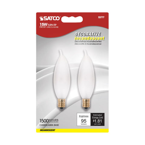 Satco - 15 Watt CA8 Incandescent; Frost; 1500 Average rated hours; 95 Lumens; Candelabra base; 120 Volt; 2-Card