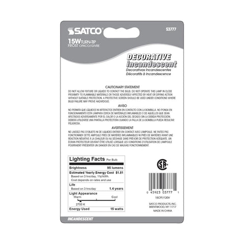 Satco - 15 Watt CA8 Incandescent; Frost; 1500 Average rated hours; 95 Lumens; Candelabra base; 120 Volt; 2-Card