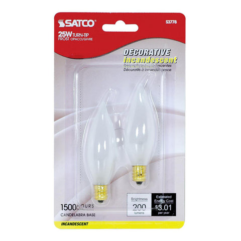 Satco - 25 Watt CA8 Incandescent; Frost; 1500 Average rated hours; 200 Lumens; Candelabra base; 120 Volt; 2-Card