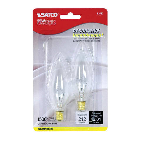 Satco - 25 Watt BA9 1/2 Incandescent; Clear; 1500 Average rated hours; 212 Lumens; Candelabra base; 120 Volt; 2-Card