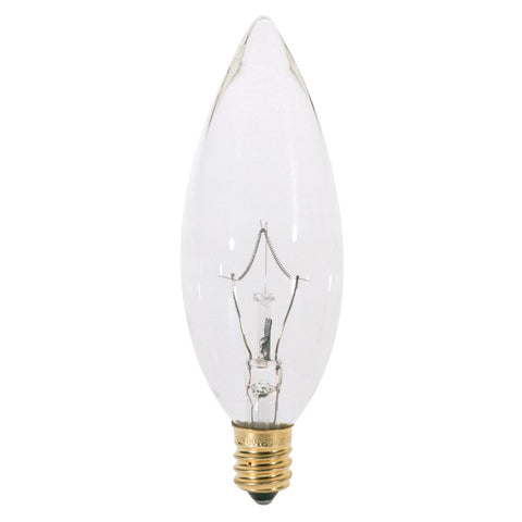 Satco - 40 Watt BA9 1/2 Incandescent; Clear; 1500 Average rated hours; 384 Lumens; Candelabra base; 120 Volt; 2-Card