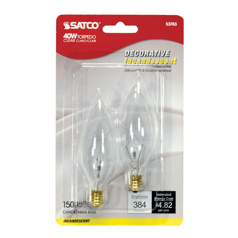 Satco - 40 Watt BA9 1/2 Incandescent; Clear; 1500 Average rated hours; 384 Lumens; Candelabra base; 120 Volt; 2-Card