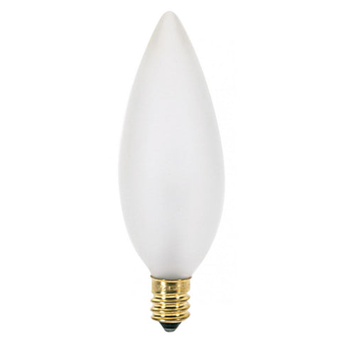 Satco - 25 Watt BA9 1/2 Incandescent; Frost; 1500 Average rated hours; 212 Lumens; Candelabra base; 120 Volt; 2-Card