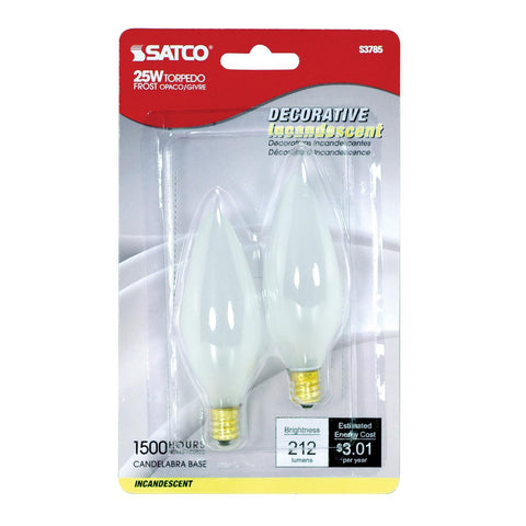Satco - 25 Watt BA9 1/2 Incandescent; Frost; 1500 Average rated hours; 212 Lumens; Candelabra base; 120 Volt; 2-Card