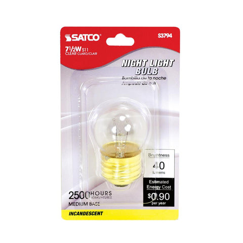 Satco - 7.5 Watt S11 Incandescent; Clear; 2500 Average rated hours; 40 Lumens; Medium base; 120 Volt; Carded