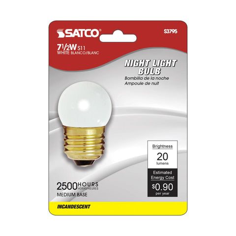 Satco - 7.5 Watt S11 Incandescent; Gloss White; 2500 Average rated hours; 20 Lumens; Medium base; 120 Volt; Carded
